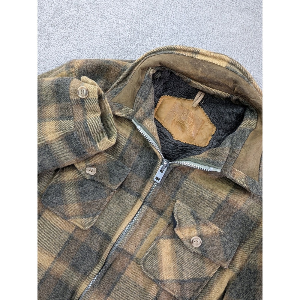 Woolrich Mens Vintage Plaid Wool Blend Fleece Lined Full Zip Jacket Tan Gray
